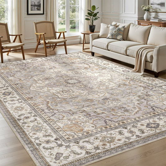 10'x14' Washable Area Rugs for Living Room, Vintage Floral Boho Printed Carpet, Non Slip Indoor Large Rugs for Bedroom Home Decor Carpets, with 6Pcs Rug Tape - Beige Gray