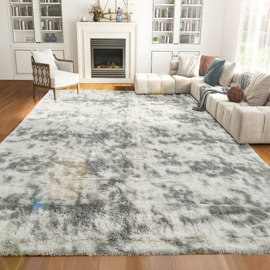 8' x 10' Area Rug for Living Room, Tie-dye Grey Large Fluffy Rug for Bedroom, Indoor Rectangle Shag Rugs, Flame Retardant, Light Grey